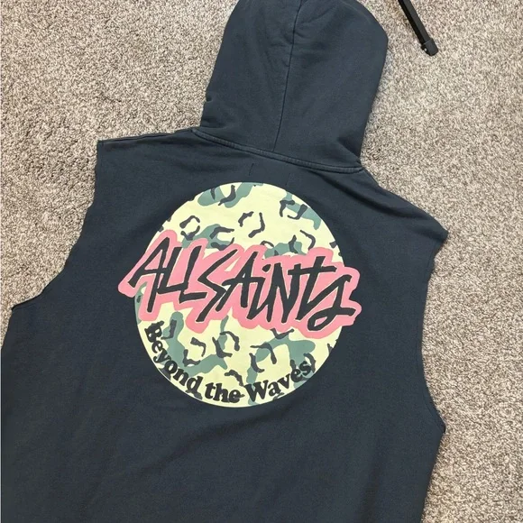 All Saints Hoodie Mens Shredder Hoodie Black Skater Size Medium Sleeveless EUC - Picture 2 of 6